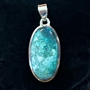 .925 Sterling Silver Oval Amazonite 1 5/8" L Aqua Green Blue Marbled Pendant